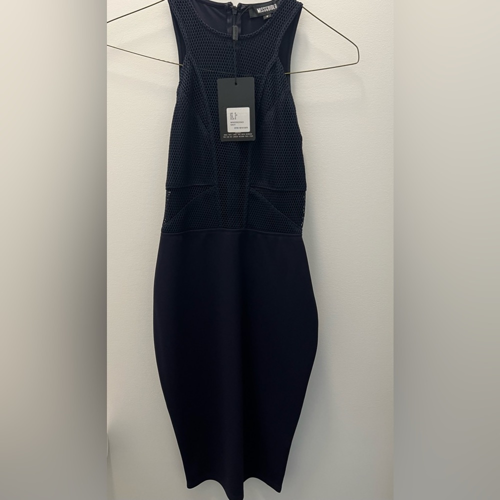 Miss guided knee length navy dress with mesh cutouts